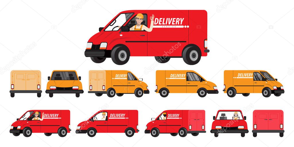 Van car set. Truck for transportation of goods. Vehicle for delivery, shown from different sides. Vector illustration in cartoon character style