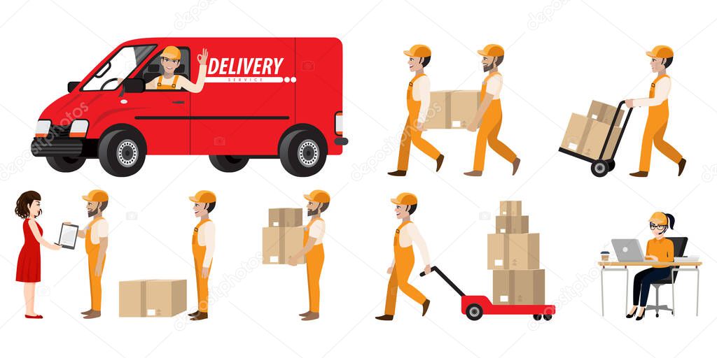 Set of service delivery. Collection staff with operator, driver, courier, loader. Vector illustration in a flat style 