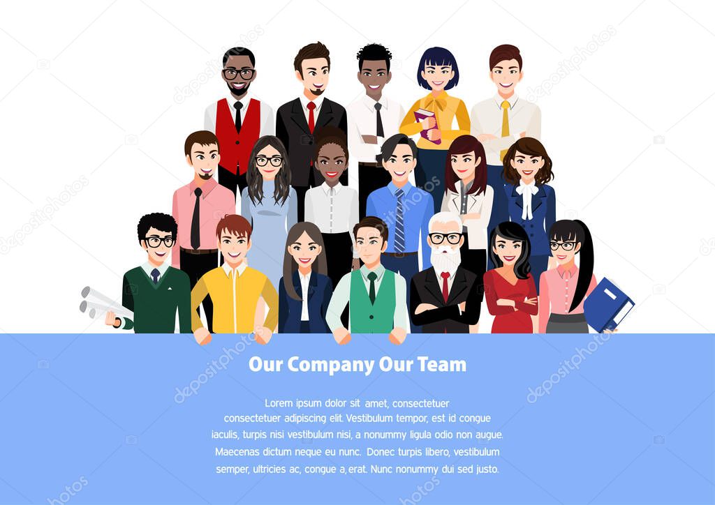 Cartoon character with teamwork concept or set of group business people and company members, standing behind the place for your text vector