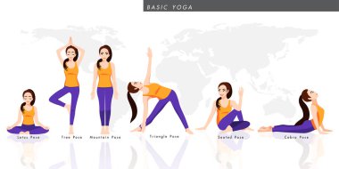 Basit yoga koleksiyonu olan çizgi film karakteri. Düz simge tasarımı illüstrasyonunda altı poz veren kadın yoga, sağlıklı yaşam tarzı