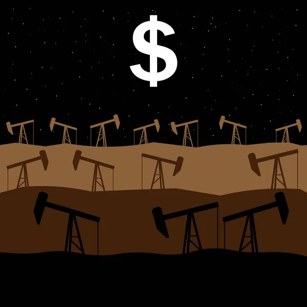 Plataformas petrolíferas en el fondo del símbolo del dólar en la noche — Vector de stock