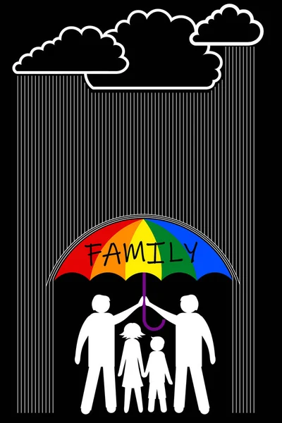 Гей-сімейка з дітьми стоїть під парасолькою — стоковий вектор