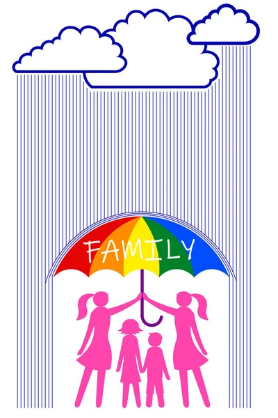 Familia lesbiana con sus hijos de pie bajo un paraguas — Vector de stock