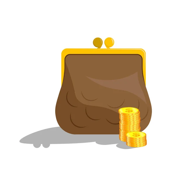 Lederen portemonnee met stapels gouden dollarmunten — Stockvector