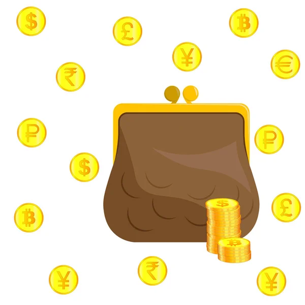 Lederen portemonnee met stapels gouden dollarmunten op de achterzijde — Stockvector