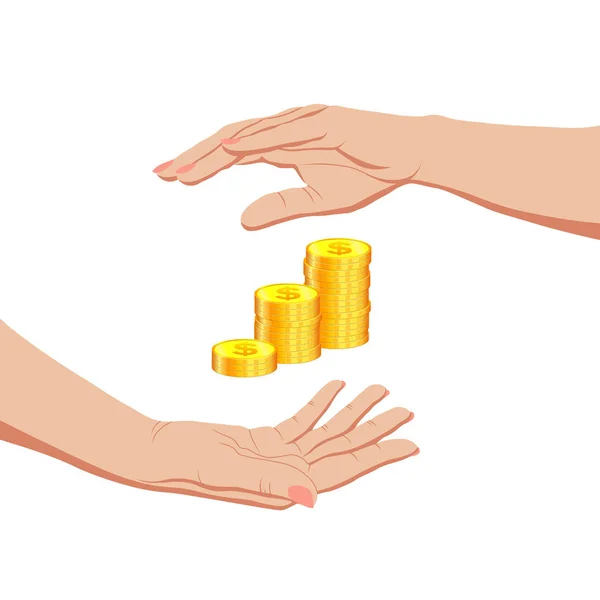 Two female hands around gold dollar coins. Saving and protection — 스톡 벡터