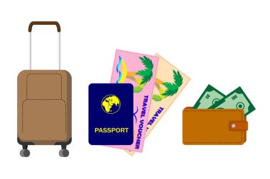 Seyahat çantası, uluslararası pasaport, seyahat fişleri, pu