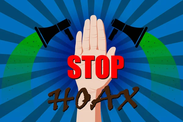 Emelt tenyér és a felirat Stop Hoax — Stock Vector