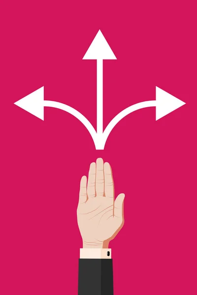 La main dans un costume d'affaires pointe vers des flèches de différentes directions — Image vectorielle