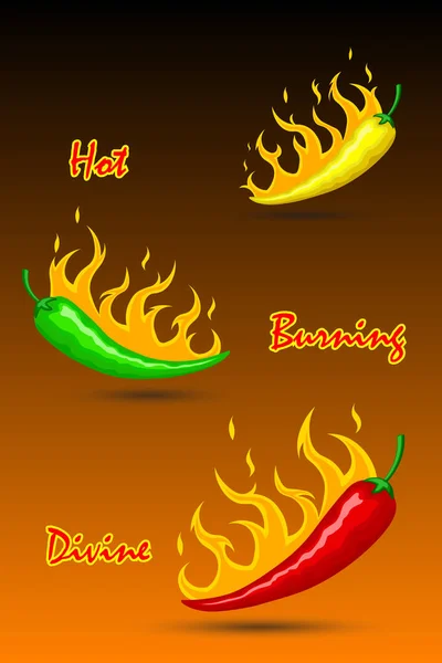 Inscripción Hot Burning Divine Ilustración Con Pimientos Ardientes Rojos Amarillos — Archivo Imágenes Vectoriales