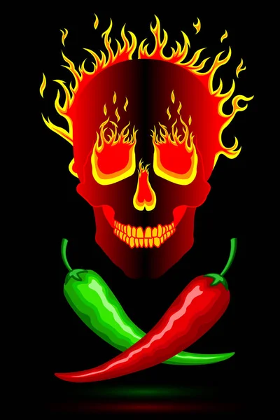 燃える炎の人間の頭蓋骨の背景にスパイシーな熱い燃焼メキシコの赤と緑のピーマン 黒の中立的な背景 ベクトル垂直方向 ウェブサイト ブログ 広告のために — ストックベクタ