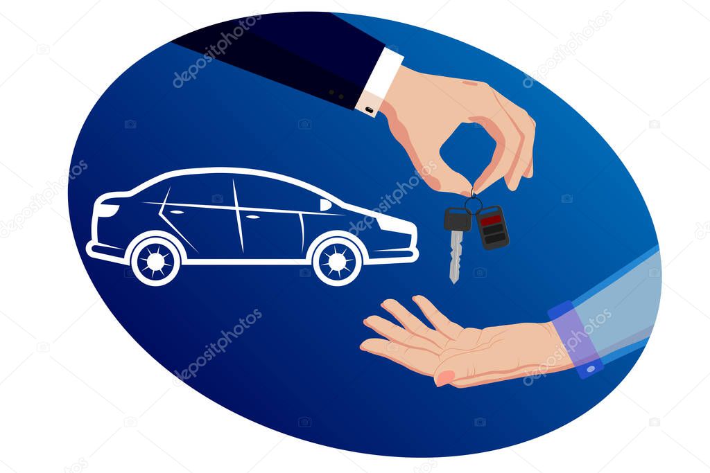 Hand of the seller in a business suit give, hold out car keys. Buyer's hand accepts, takes car keys after purchase, transaction, conclusion of the contract. For bank, insurance company, car dealership