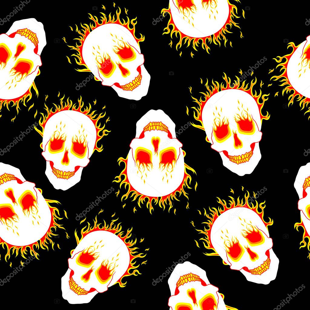 Seamless ornament, pattern, background and template. A terrible grinning human skull burning in a bright burning fire. Tongues of flame from the orbits and nasal cavities. Vector square orientation.