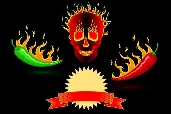 Poivrons Rouges Verts Mexicains Épicés Brûlant Sur Fond Crâne Humain — Image vectorielle