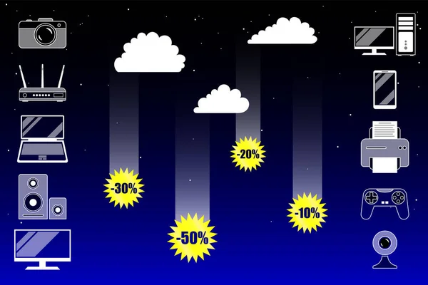 デジタル機器 ビデオ機器 コンピュータ機器の割引 貿易と市場のためのイラスト 夜空と雲の背景に金の星の形で50 の割引が落ちる — ストックベクタ