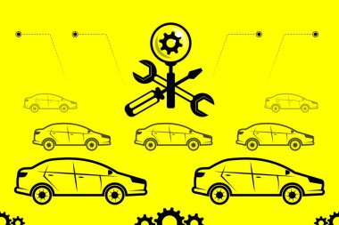 Araba servisi, onarım, tanılama ve lastik montajı çapraz tornavida, İngiliz anahtarı ve büyüteç. Arabanın arka planına ve sarı arka planda siyahlı viteslere karşı. Otomobil tamircileri için.