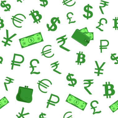 Kusursuz süs, desen, arka plan, doku ve şablon. Farklı ülkelerin parasal birimleri, semboller ve para, banknotlar, cüzdan ve çanta. Finans şirketleri için tasarım, dekor, reklam