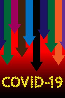 COVID-19 yazısında, düşen oklarla farklı ülkelerin altın sikkelerinden oluşuyordu. Ekonomik illüstrasyon, koronavirüs, salgın ve salgın nedeniyle ekonominin düşüşü ve düşüşü