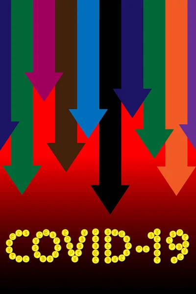 COVID-19 yazısında, düşen oklarla farklı ülkelerin altın sikkelerinden oluşuyordu. Ekonomik illüstrasyon, koronavirüs, salgın ve salgın nedeniyle ekonominin düşüşü ve düşüşü