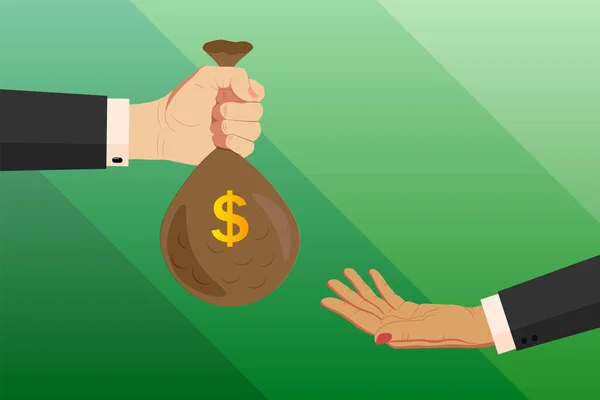 İki kadın, iş kadını iş elbiselerini teslim ediyor. Bir el uzattı, bir çanta dolusu para verdi ve borç verdi, dolar. İkinci el jesti para ister. Yatırımlar, krediler, finans ve bankacılık. Vektör yatay