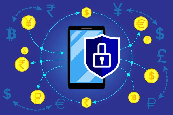 Beskyttelse Elektroniske Betalinger Transaktioner Overførsel Hele Verden Valutaveksling Ansøgning Smartphone – Stock-vektor
