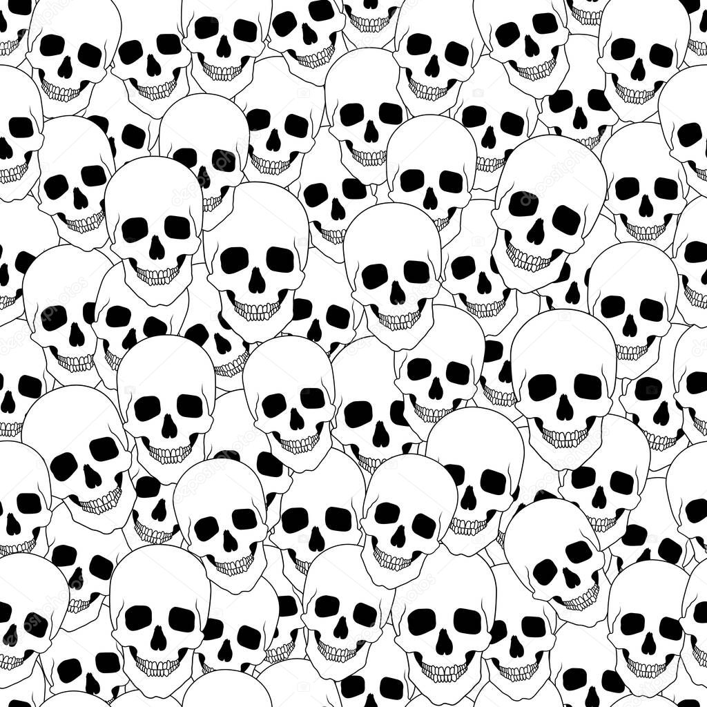 Seamless ornament, pattern, background, texture and template. Multiple, cluster, many human smiling, grinning skulls. Square vector orientation. White background isolated. For print, decor and design
