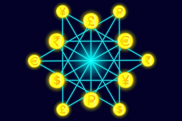 Döviz kurları, elektronik ödemeler, para transferleri, dünya çapında, farklı ülkelere transferler. Geometrik desen, neon çizgiler şeklinde çizim ve koyu mavi arkaplanda altın paralar.