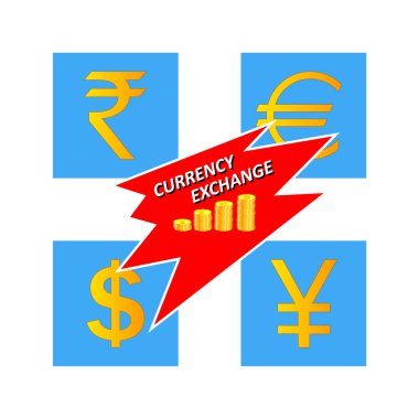 Yazıt Para Takası. Para birimlerinin sembolleri, finansal işlemler için farklı ülkelerin parası. Finans şirketi, banka, döviz bürosu için. Parlak renkler, tasarım. Vektör izole edildi
