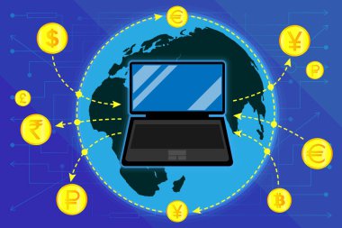 Döviz bürosu. Akıllı telefon, dizüstü bilgisayar, aletler, bilgisayar başvurusu. Elektronik ödemeler, para transferleri, dünya çapında, farklı ülkelere transferler. Laptop ve Dünya, altın paralar, oklar.