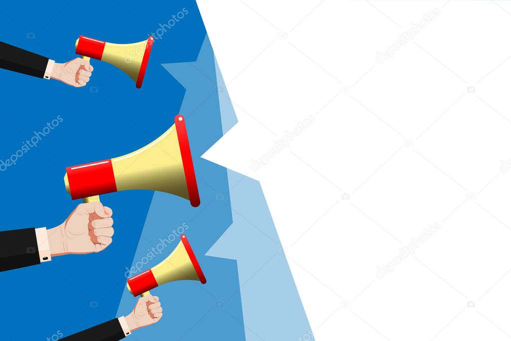Illustration, clipart a hand in a business suit holds a bullhorn, megaphone. Vector horizontal. Colorful bright background. Blank, template for announcements, messages, printing, banners, advertising