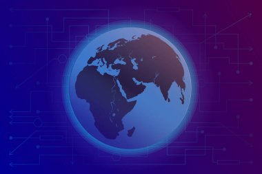 Modern dijital, siber ve teknolojik arka plan - mikro devre hatları ve renkli teknojenik arka planda Dünya gezegeni. Yatay vektör. Tasarım, dekorasyon, boş, şablon için.