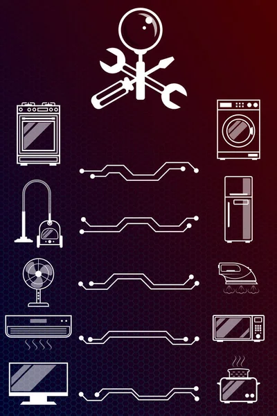 용품을 수선하고 유지하는 디지털 배경에 흰색으로 교차시키는 드라이버 돋보기 형태로 — 스톡 벡터