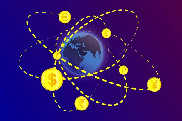 Ilustración Para Cambio Divisas Símbolos Dinero Monedas Diferentes Países Del — Vector de stock