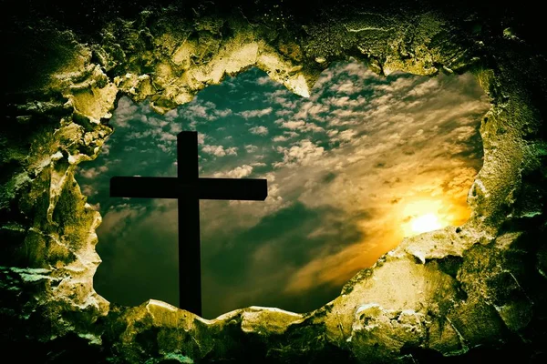 Silhouette Christ Cross Opened Tomb Resurrection Concept — Stock Photo, Image