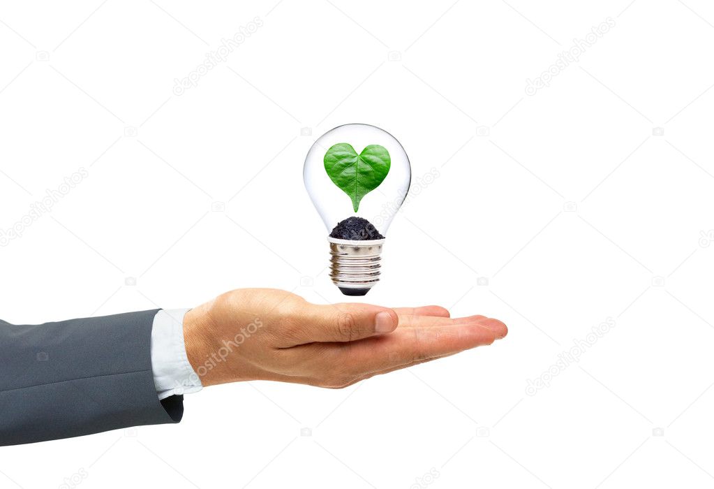 Businessman holding a light bulb with leaf