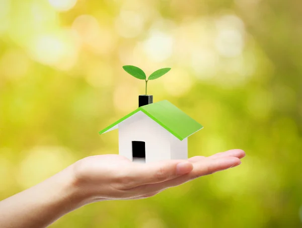 Main tenant une petite maison verte — Photo