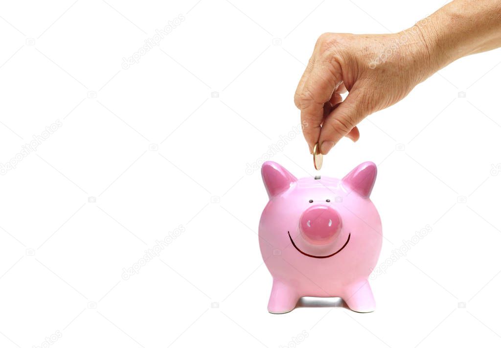 Person putting coin to Piggy bank