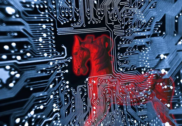 Trojanisches Pferd auf blauer Computerplatine — Stockfoto