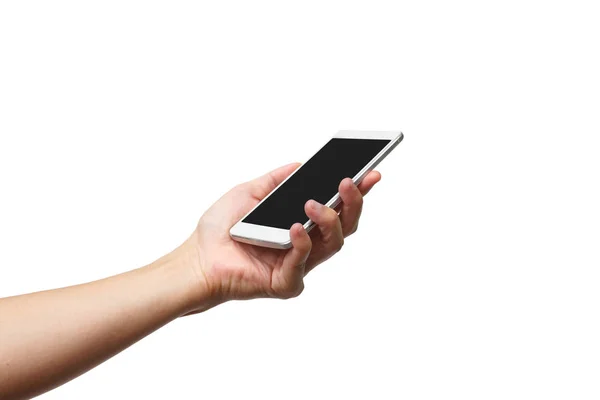 Männliche Hand hält ein weißes Smartphone — Stockfoto