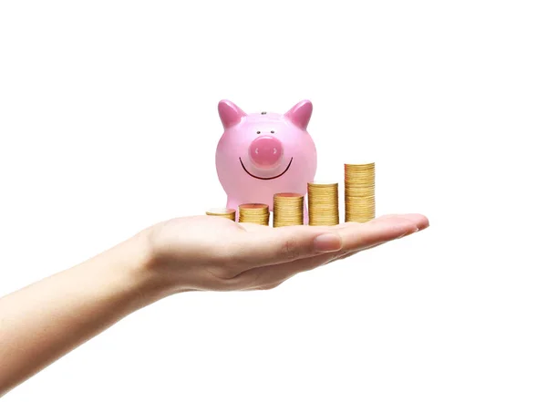 Hand holding a pink piggy bank — Stock Photo, Image