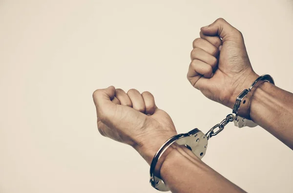 Silver Handcuffs Male Hands — Stock Photo, Image