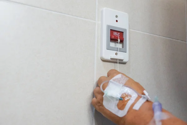 Old Patient Pulling Red Switch Calling Emergency Help Toilet — Stock Photo, Image