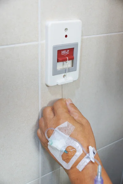 Old Patient Pulling Red Switch Calling Emergency Help Toilet — Stock Photo, Image