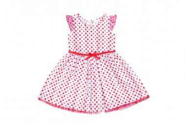 Bir kız elbise kırmızı lekeler ile beyaz renkte                     
