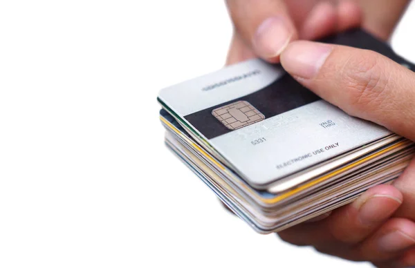 Χέρια Που Κρατούν Πολλές Πιστωτικές Κάρτες Που Απομονώνονται Λευκό — Φωτογραφία Αρχείου