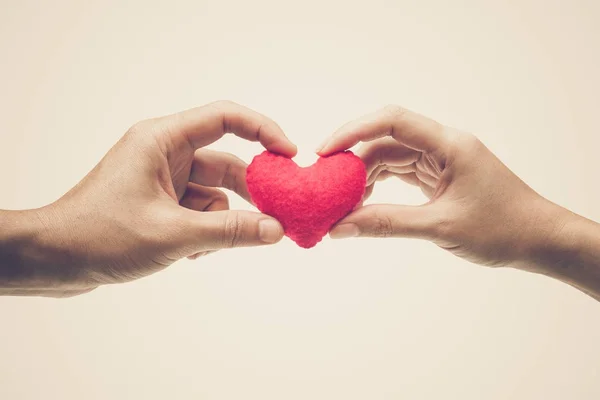 Couple Hands Holding Red Heart Together Love Romance Valentine Day — Stock Photo, Image