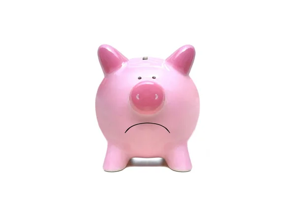 Sad Pink Piggy Bank Closeup Isolated — Stock Photo, Image