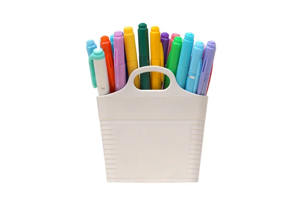 Colorful Pens Plastic Box — Stock Photo, Image