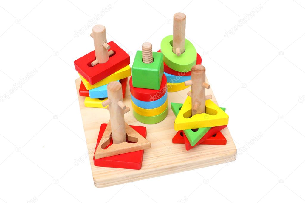 Wooden toy for kids to learn color and shape matching isolated on white backgroud                              