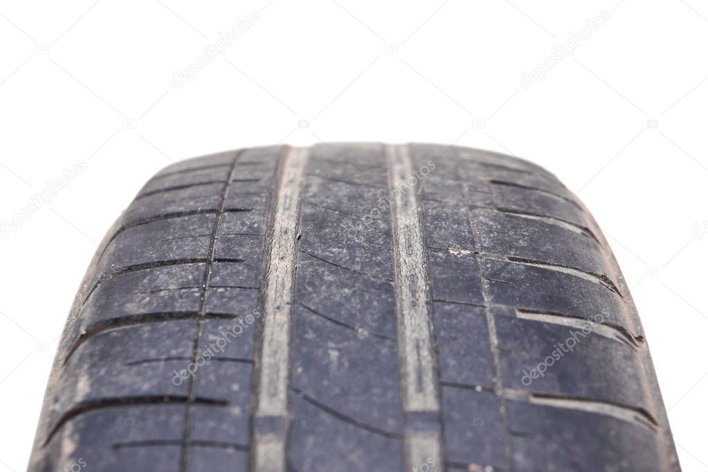 Worn out car tire tread / Danger of using old car tire with low tread depth concept